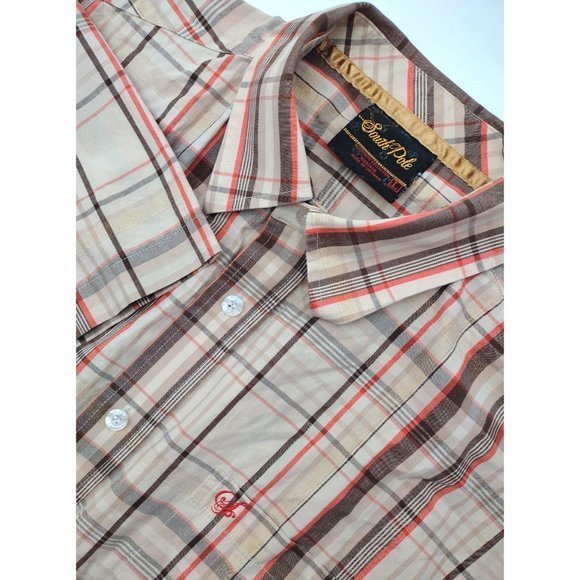 South Pole Button Down Men's Brown and Gold Plaid Short Sleeve Shirt (L) - Picture 3 of 8